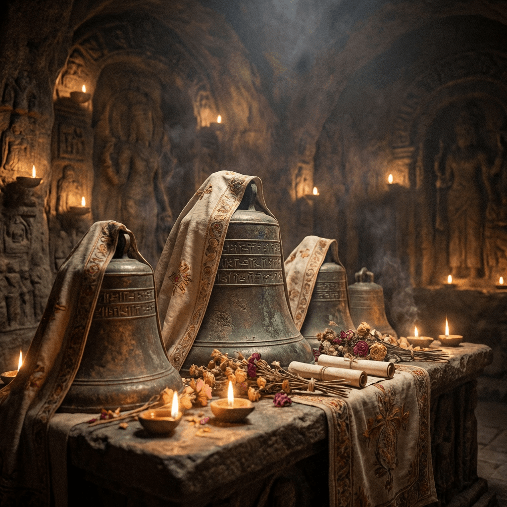 Ancient bronze bells draped with ornate cloths on a stone altar lit by candles.