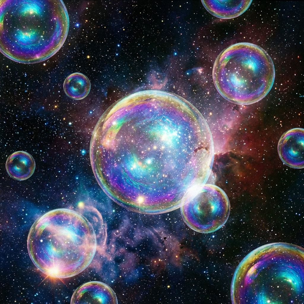 Iridescent bubbles floating against a backdrop of deep space, stars, and colorful nebulae.