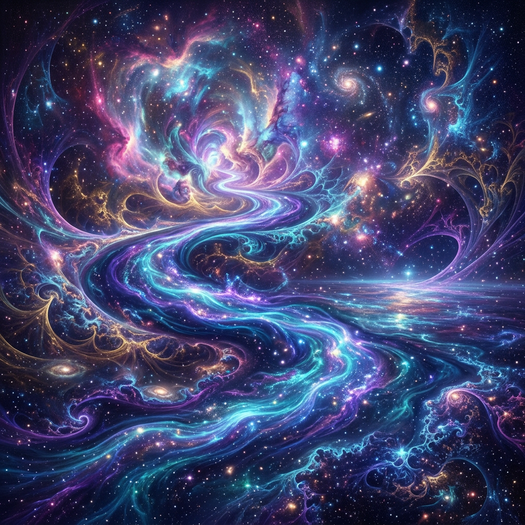 Swirling turquoise and purple cosmic streams among stars and galaxies